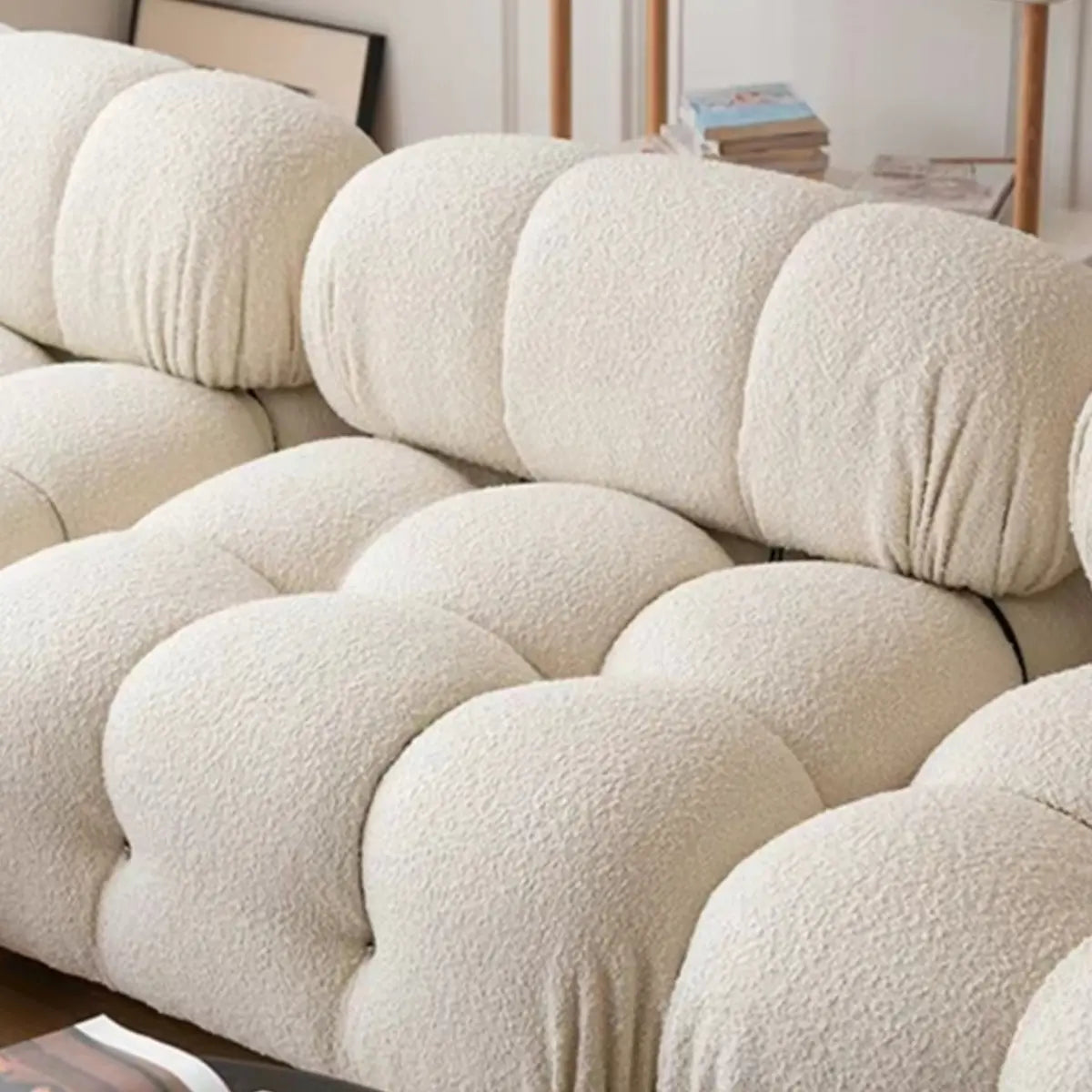 White Flannel Fabric Round Arm Tight Back Tufted Sofa Image - 2