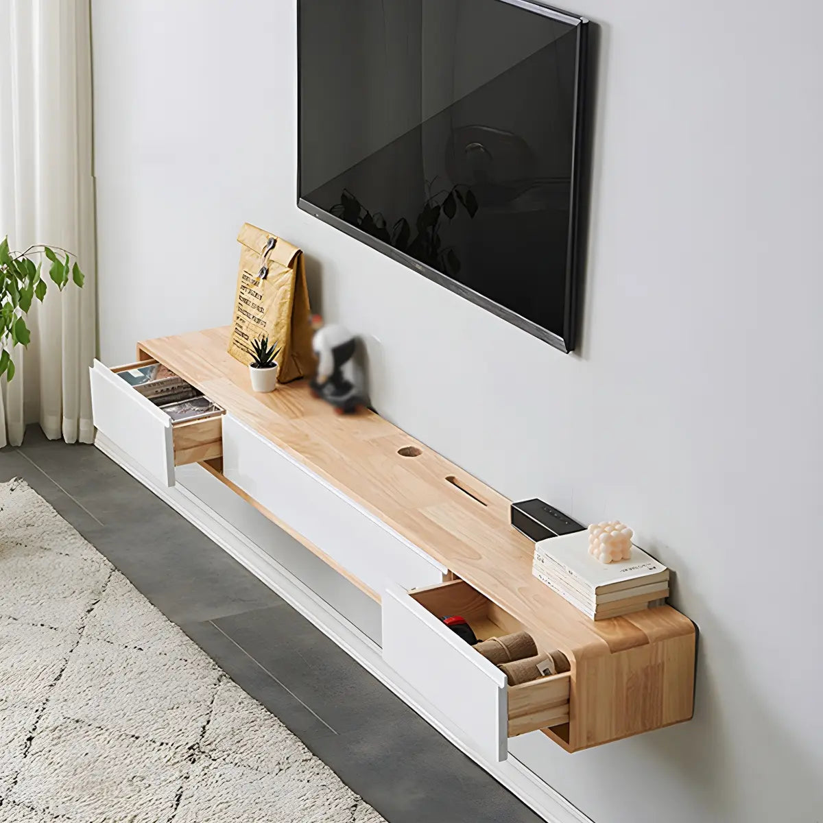 White Floating Mount Rubberwood Drawers TV Stand Image - 18