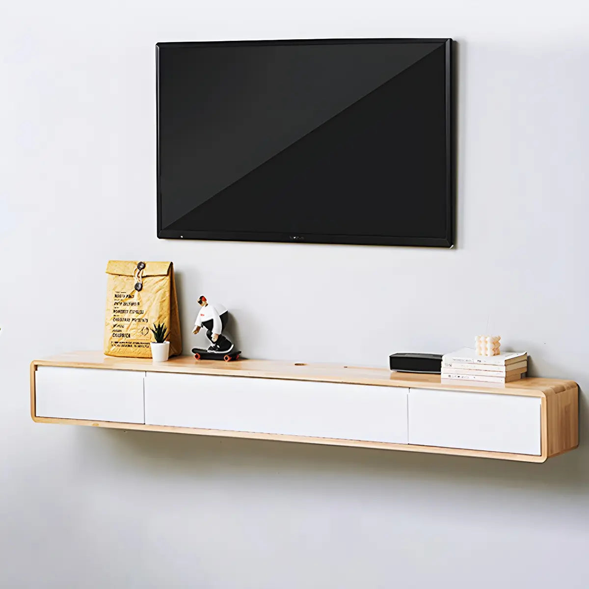 White Floating Mount Rubberwood Drawers TV Stand Image - 22