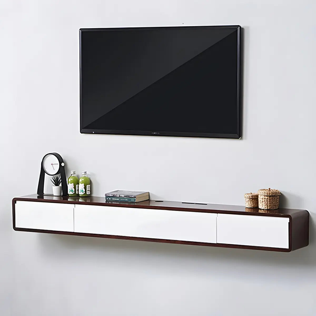 White Floating Mount Rubberwood Drawers TV Stand Image - 23