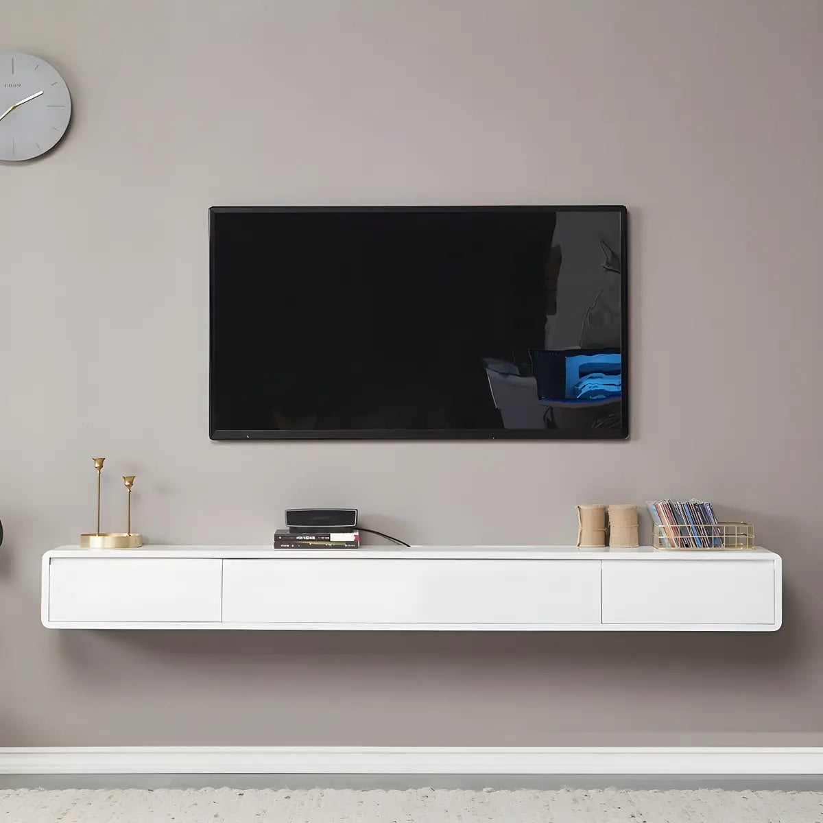 White Floating Mount Rubberwood Drawers TV Stand Image - 4