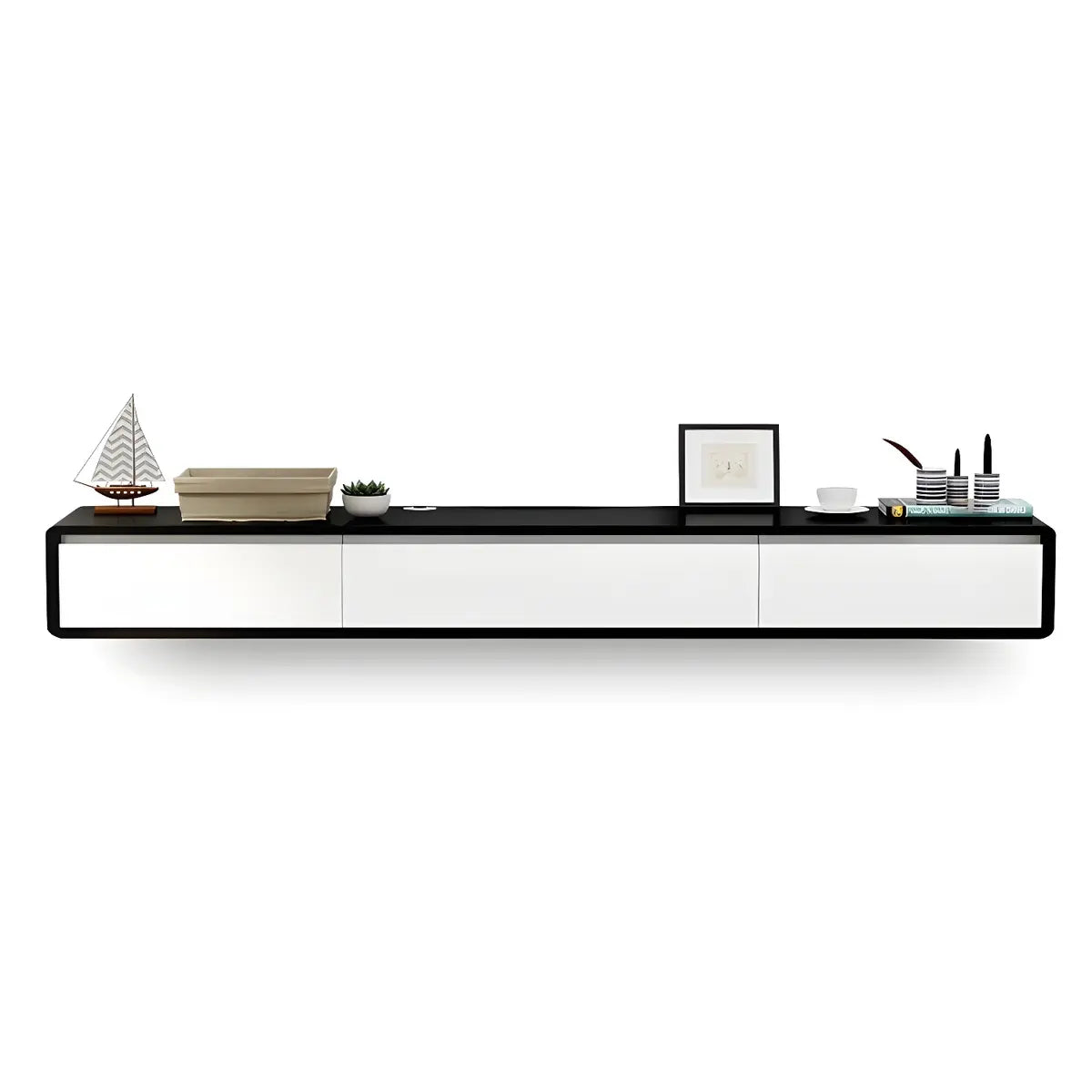 White Floating Mount Rubberwood Drawers TV Stand Image - 6