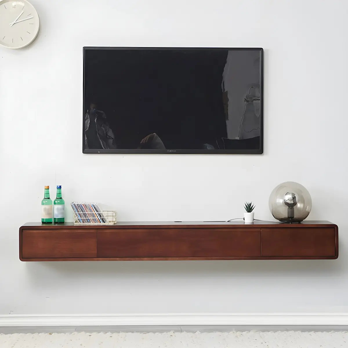 White Floating Mount Rubberwood Drawers TV Stand Image - 7