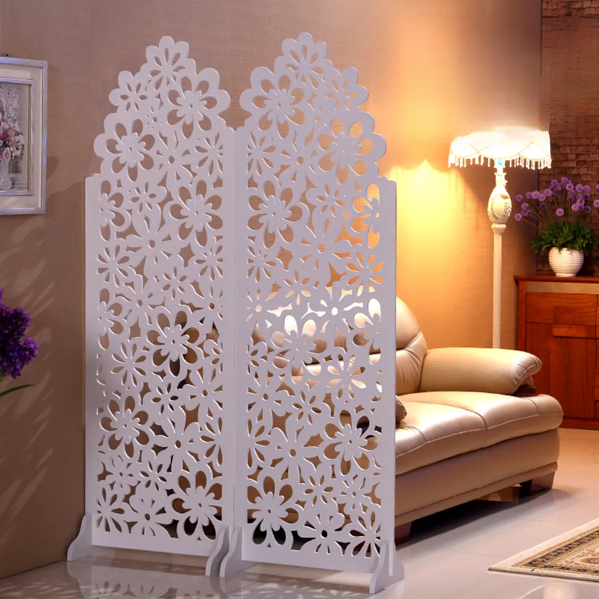 White Floral Wood Translucent Folding Room Divider Image - 1