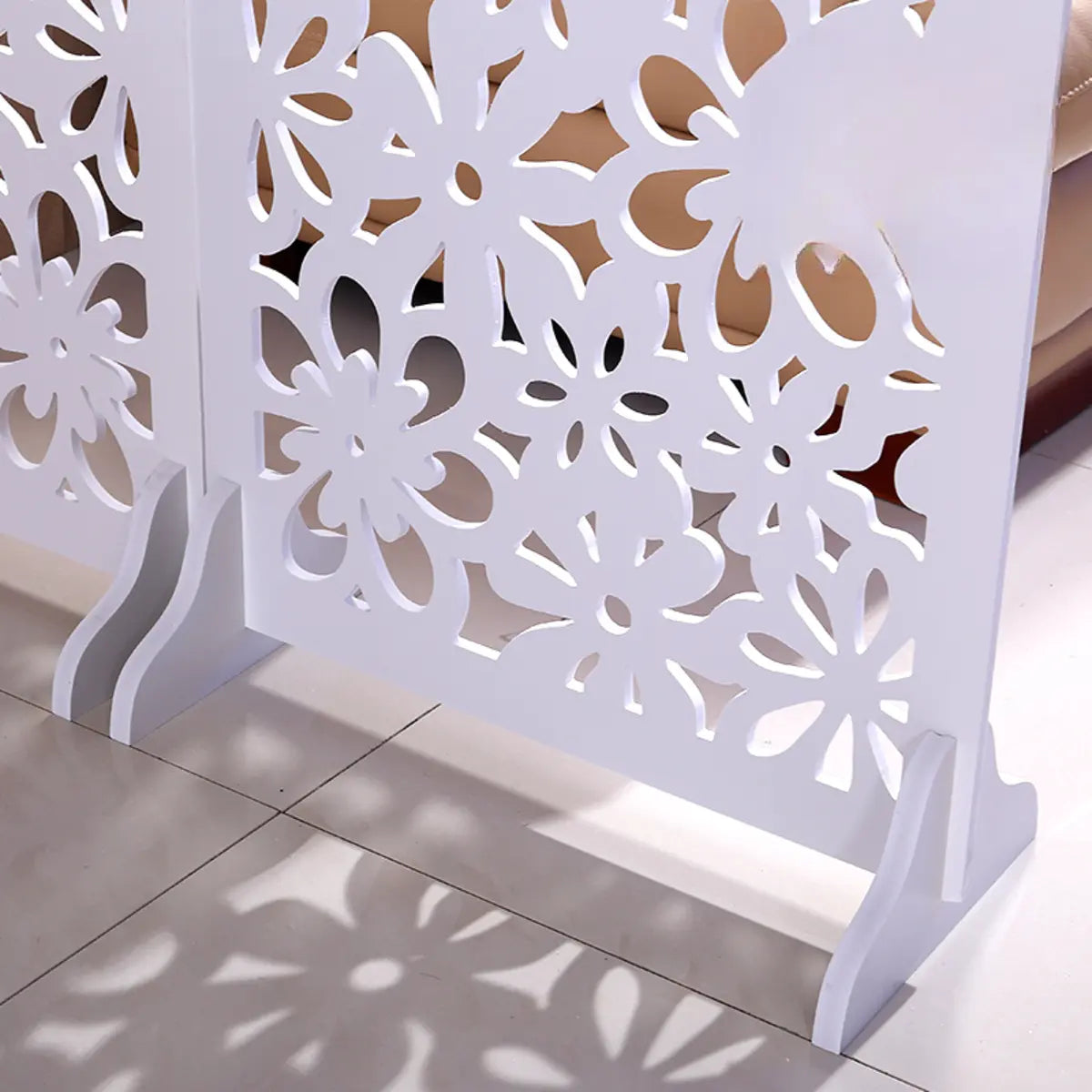 White Floral Wood Translucent Folding Room Divider Image - 5