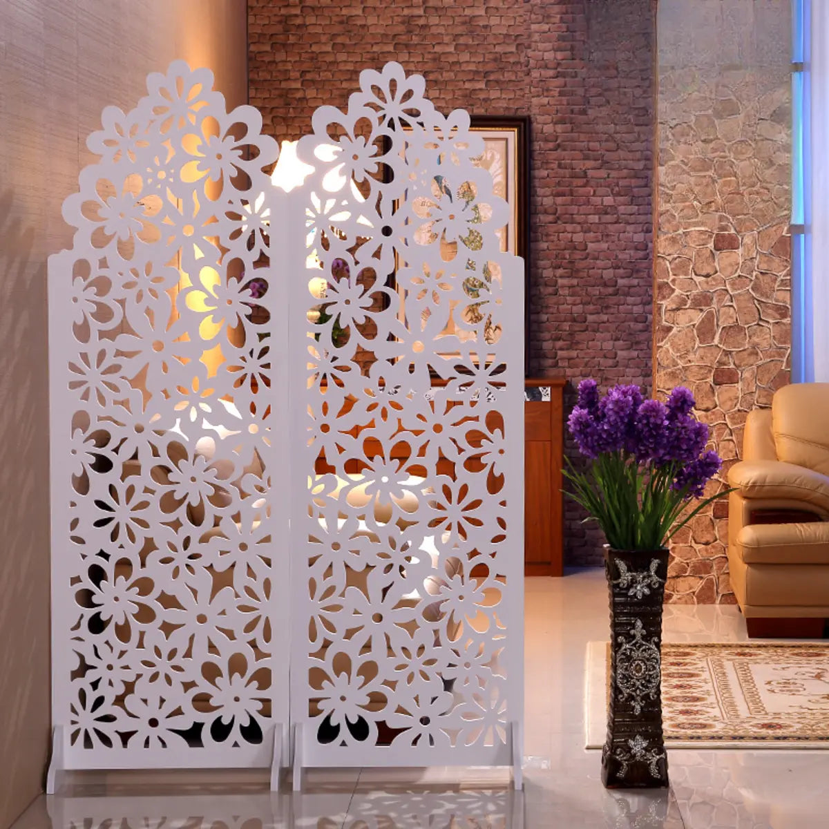 White Floral Wood Translucent Folding Room Divider Image - 3