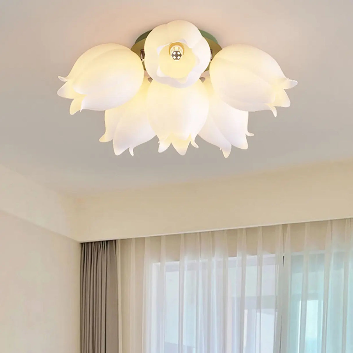 White Flower Shape Semi-Flush Mount Ceiling Lamp 6-Head Image - 1