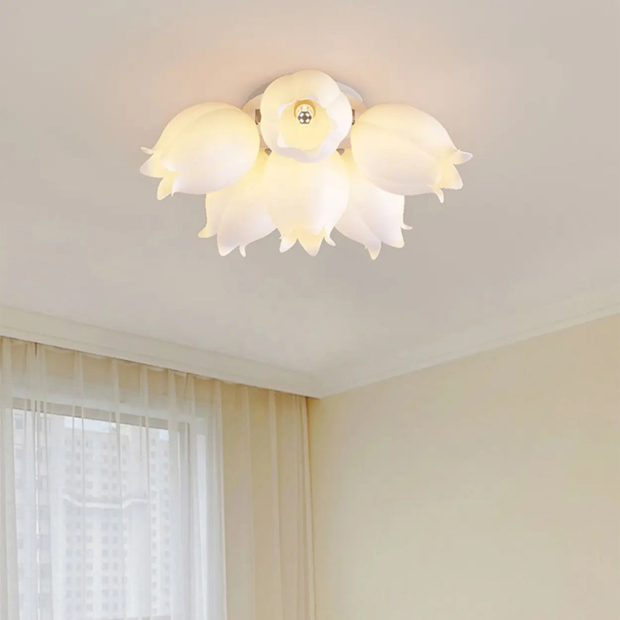 White Flower Shape Semi-Flush Mount Ceiling Lamp 6-Head Image - 7