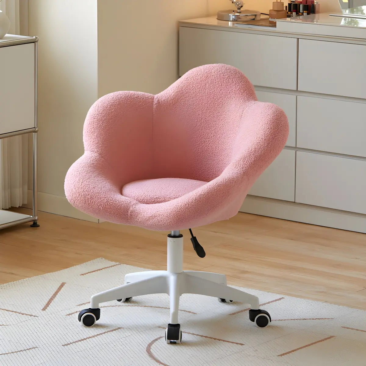 White Flower-Shaped Faux Fur Swivel Solid Color Vanity Stool Image - 13