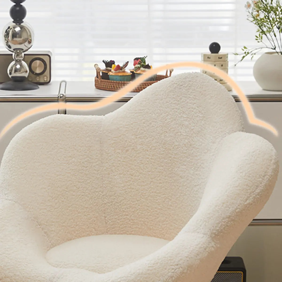 White Flower-Shaped Faux Fur Swivel Solid Color Vanity Stool Image - 14