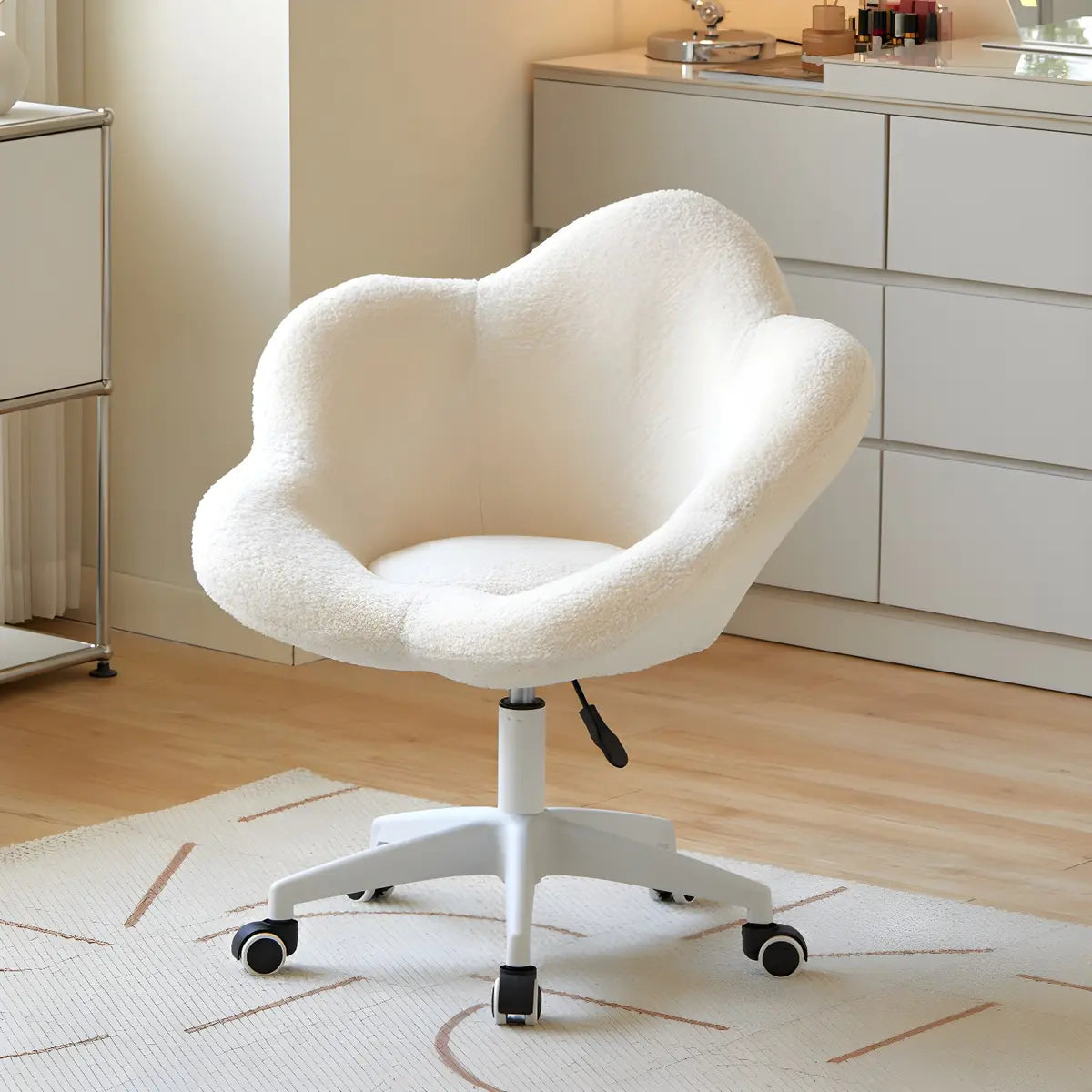 White Flower-Shaped Faux Fur Swivel Solid Color Vanity Stool Image - 39