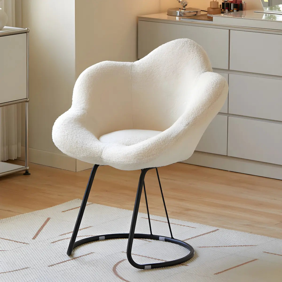 White Flower-Shaped Faux Fur Swivel Solid Color Vanity Stool Image - 43