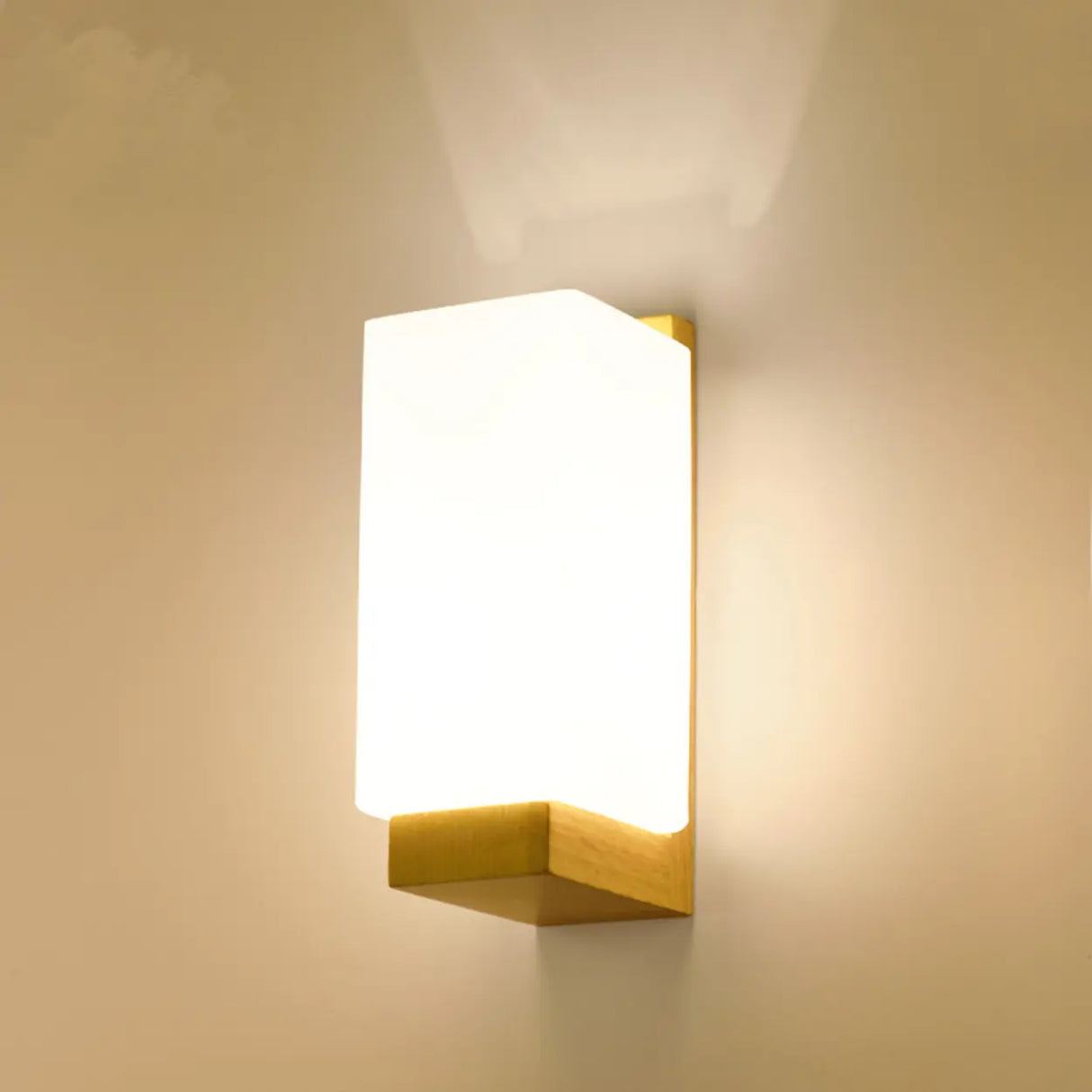 White Frosted Glass Rectangular Wood Wall Sconce Image - 4