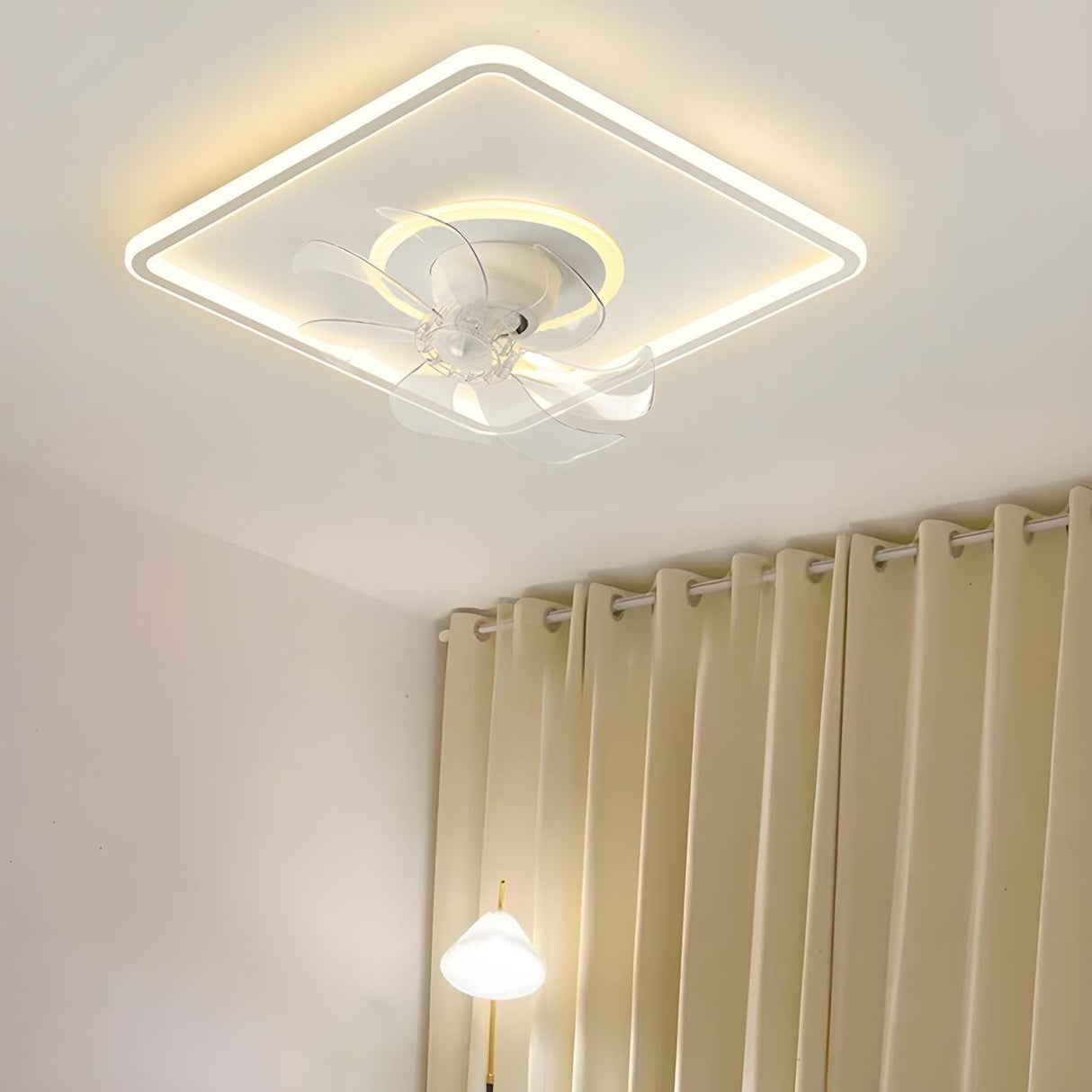 White Geometric Flush Mount Ceiling Fan with LED Light Image - 1