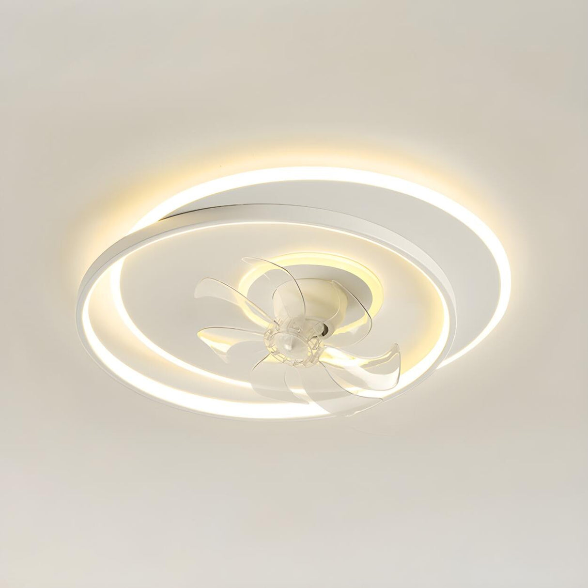 White Geometric Flush Mount Ceiling Fan with LED Light Image - 12