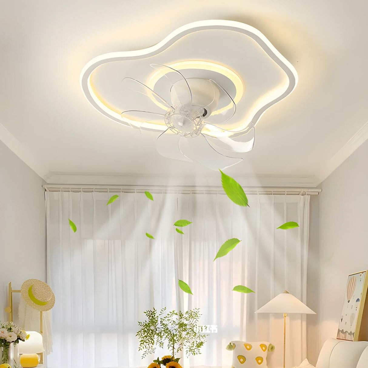 White Geometric Flush Mount Ceiling Fan with LED Light Image - 17