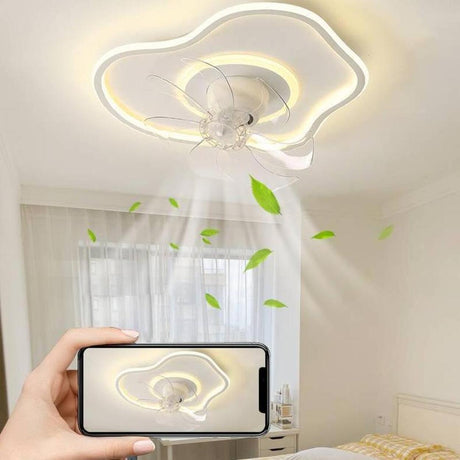 White Geometric Flush Mount Ceiling Fan with LED Light Image - 2