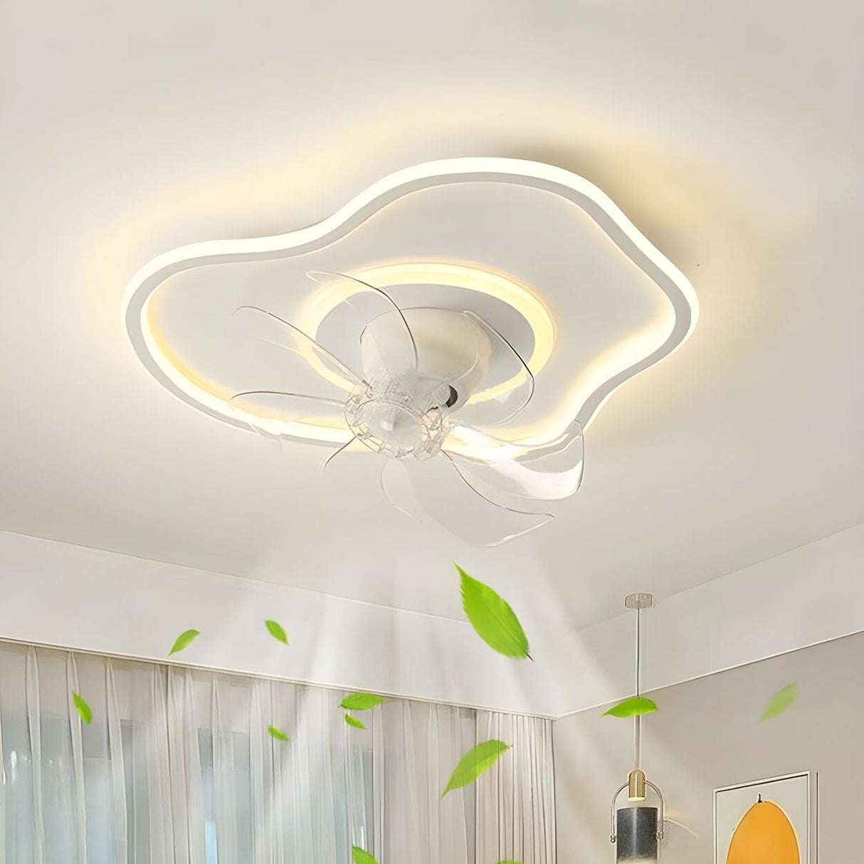 White Geometric Flush Mount Ceiling Fan with LED Light Image - 3