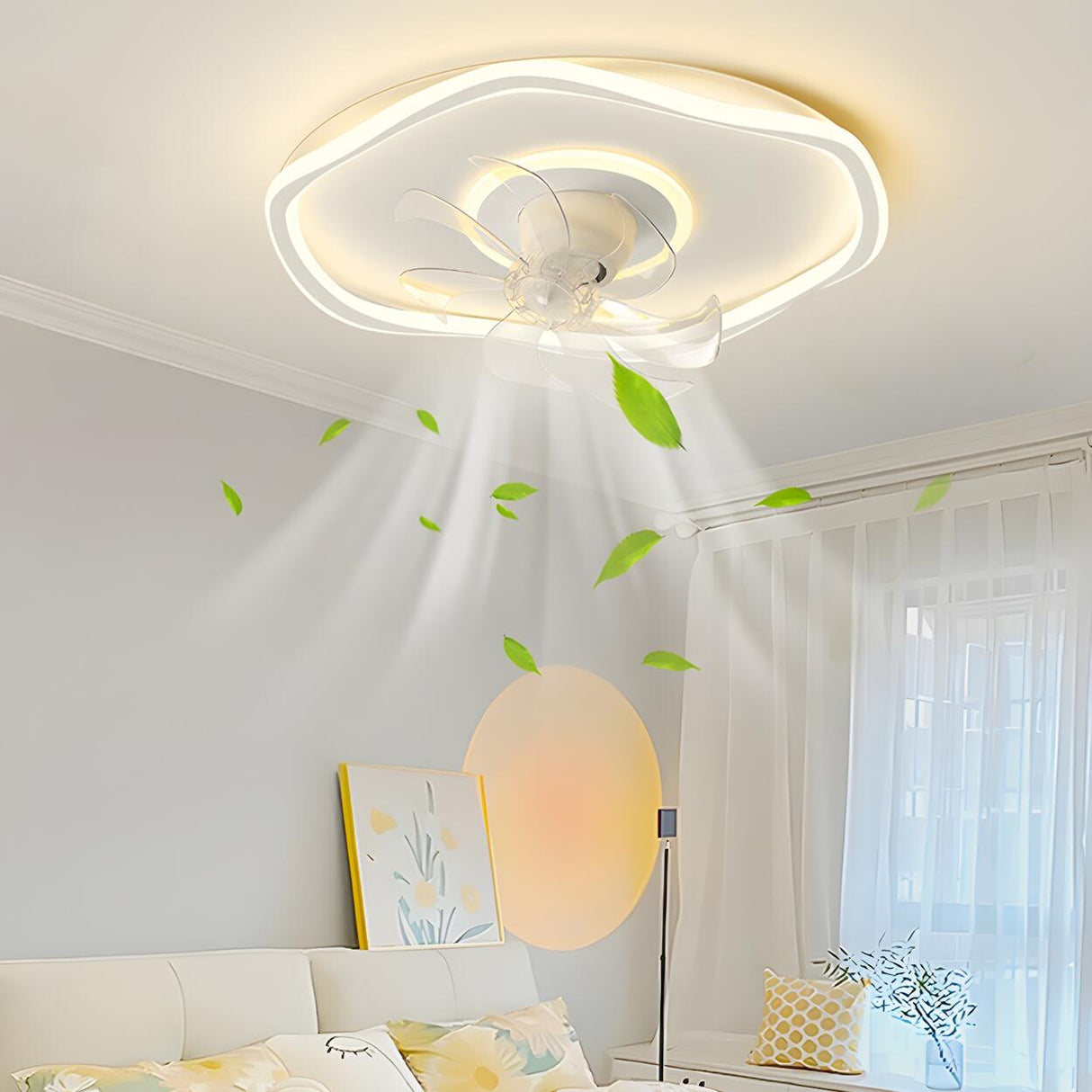 White Geometric Flush Mount Ceiling Fan with LED Light Image - 4