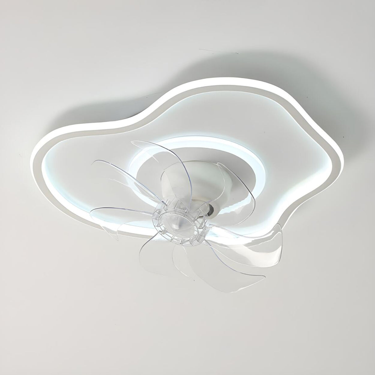 White Geometric Flush Mount Ceiling Fan with LED Light Image - 8