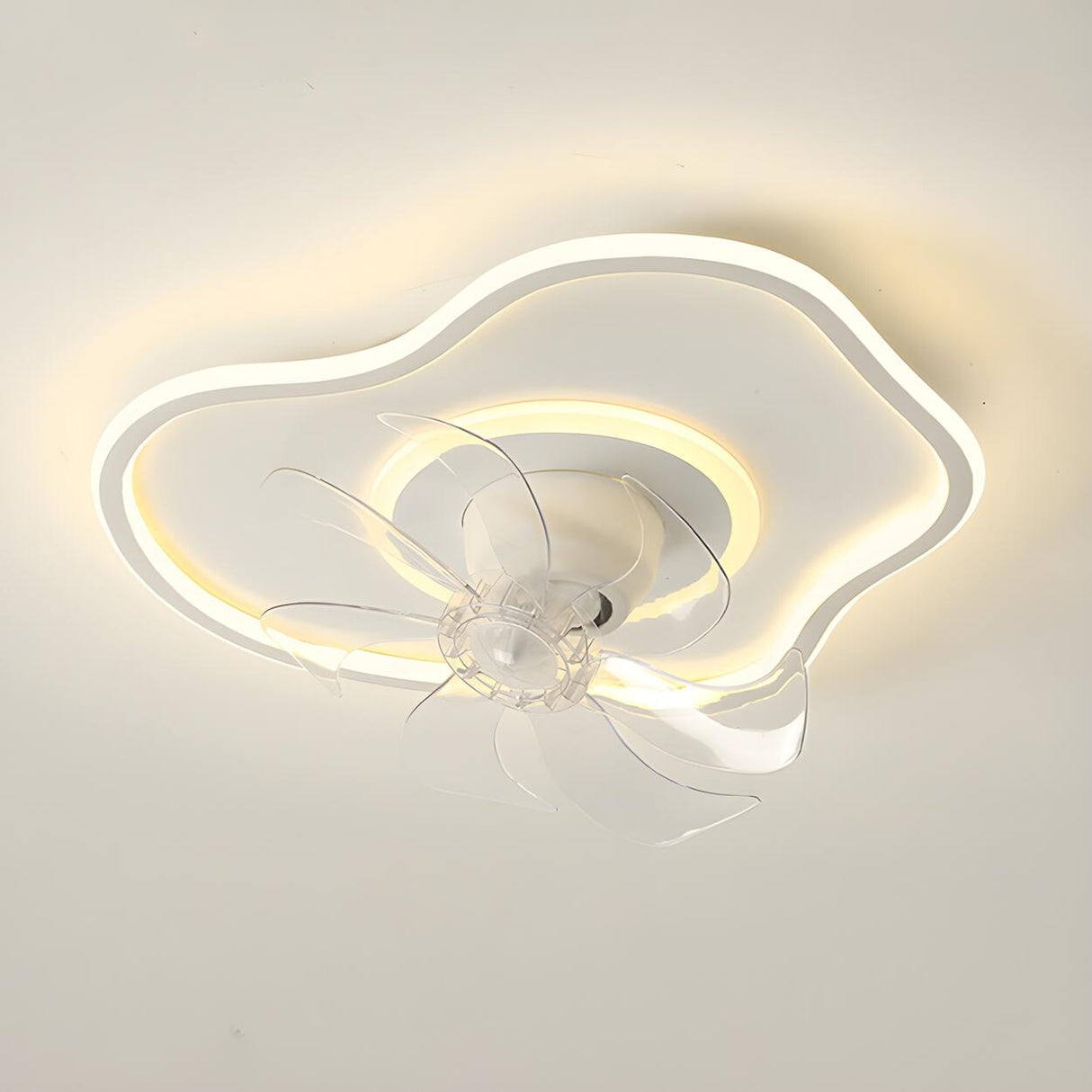 White Geometric Flush Mount Ceiling Fan with LED Light Image - 9