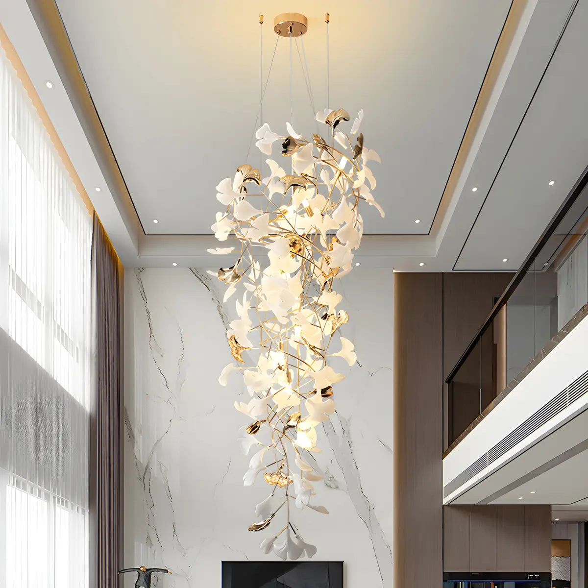 White Ginkgo Leaf Gold Metal High Ceiling Foyer Chandelier Image - 1