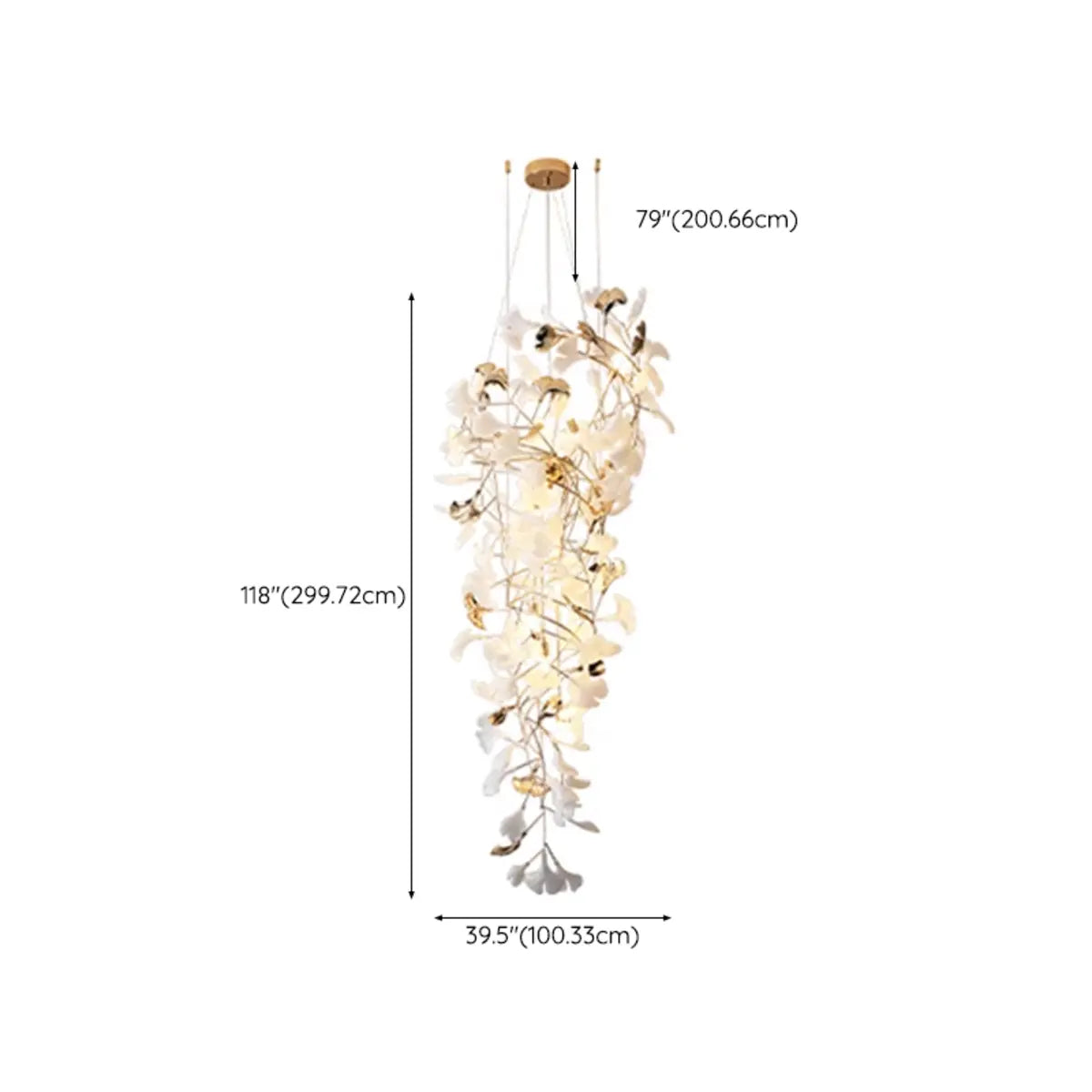 White Ginkgo Leaf Gold Metal High Ceiling Foyer Chandelier Image - 10