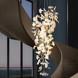 White Ginkgo Leaf Gold Metal High Ceiling Foyer Chandelier Image - 2