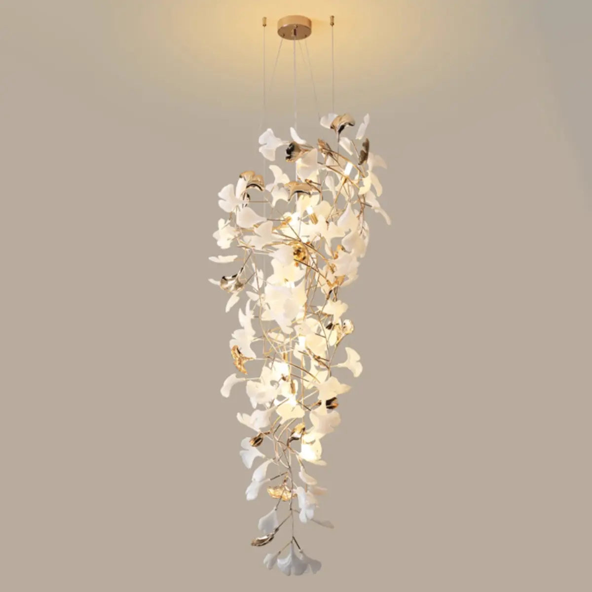 White Ginkgo Leaf Gold Metal High Ceiling Foyer Chandelier Image - 3