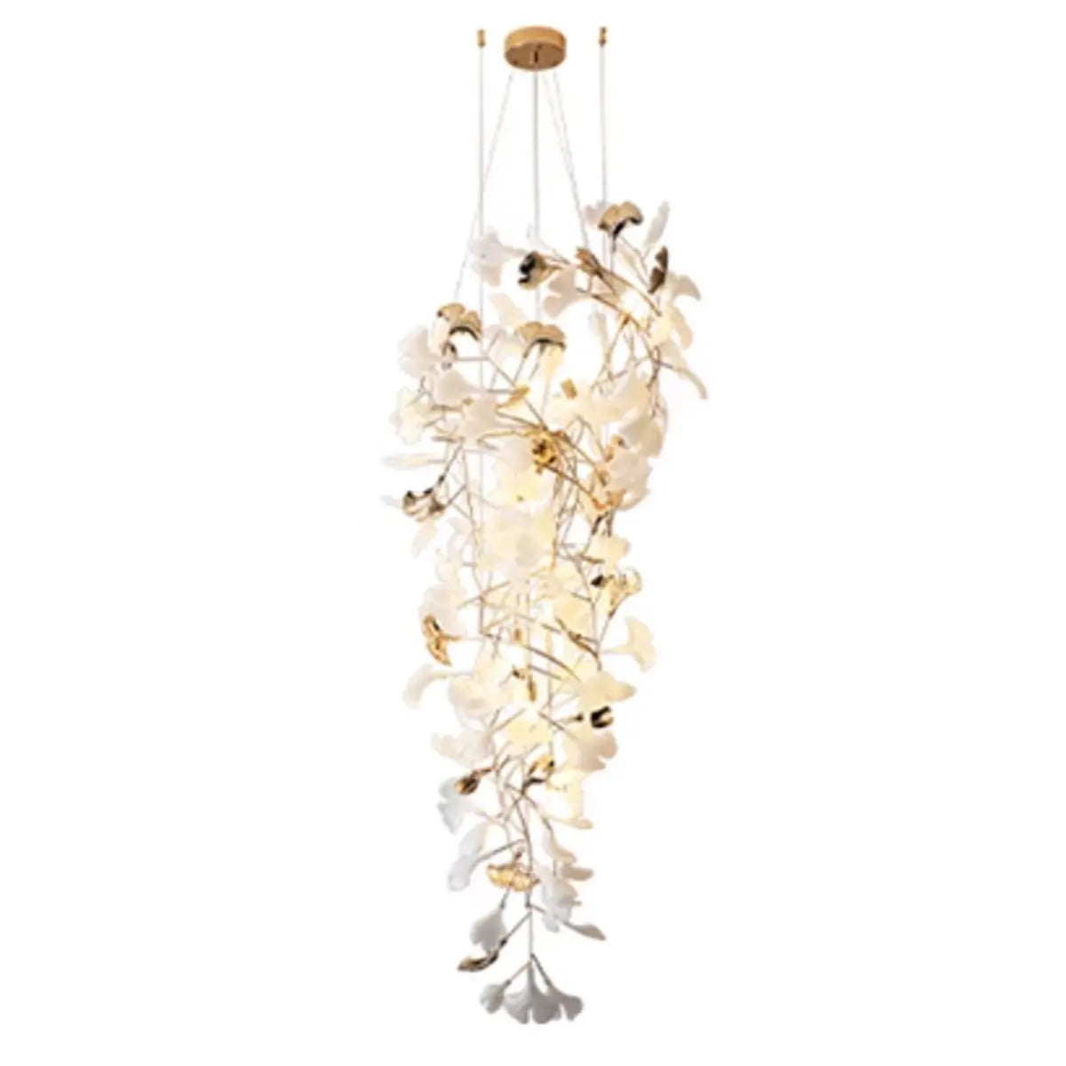 White Ginkgo Leaf Gold Metal High Ceiling Foyer Chandelier Image - 6