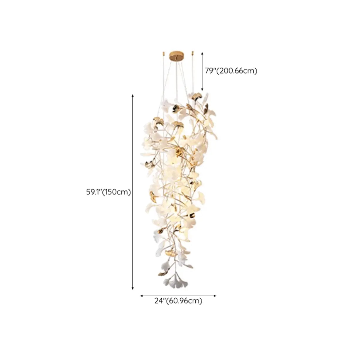 White Ginkgo Leaf Gold Metal High Ceiling Foyer Chandelier 