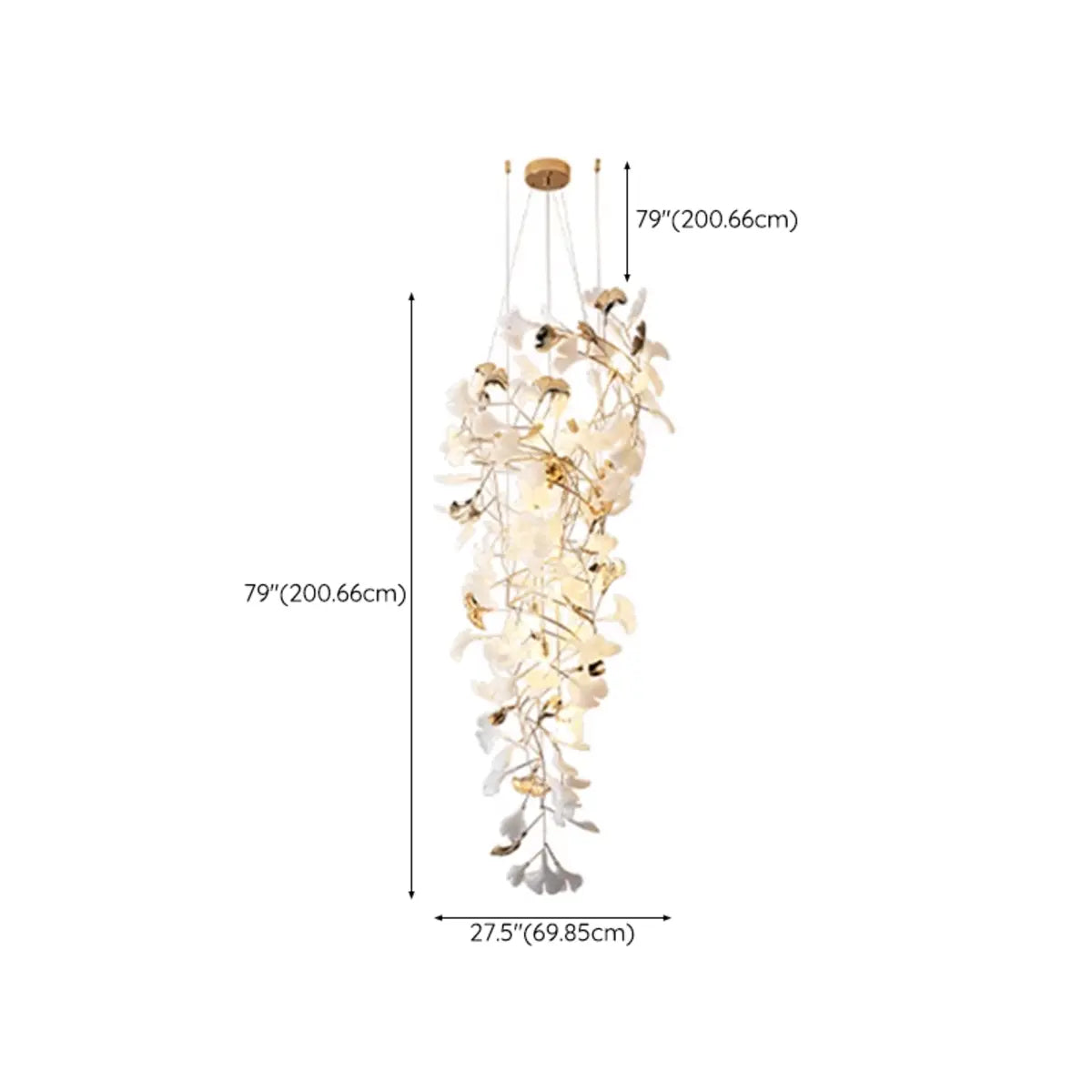 White Ginkgo Leaf Gold Metal High Ceiling Foyer Chandelier Image - 8