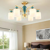 White Glass Cylinder Brass Semi-Flush Mount Lamp 8-Head Image - 3