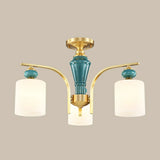 White Glass Cylinder Brass Semi-Flush Mount Lamp 8-Head Image - 6