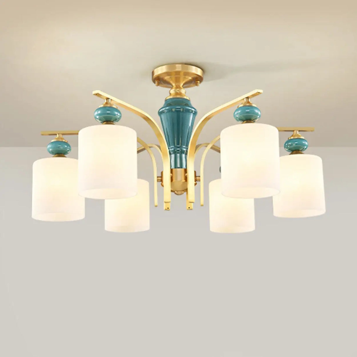 White Glass Cylinder Brass Semi-Flush Mount Lamp 8-Head Image - 7