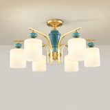 White Glass Cylinder Brass Semi-Flush Mount Lamp 8-Head Image - 7