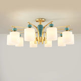 White Glass Cylinder Brass Semi-Flush Mount Lamp 8-Head Image - 8