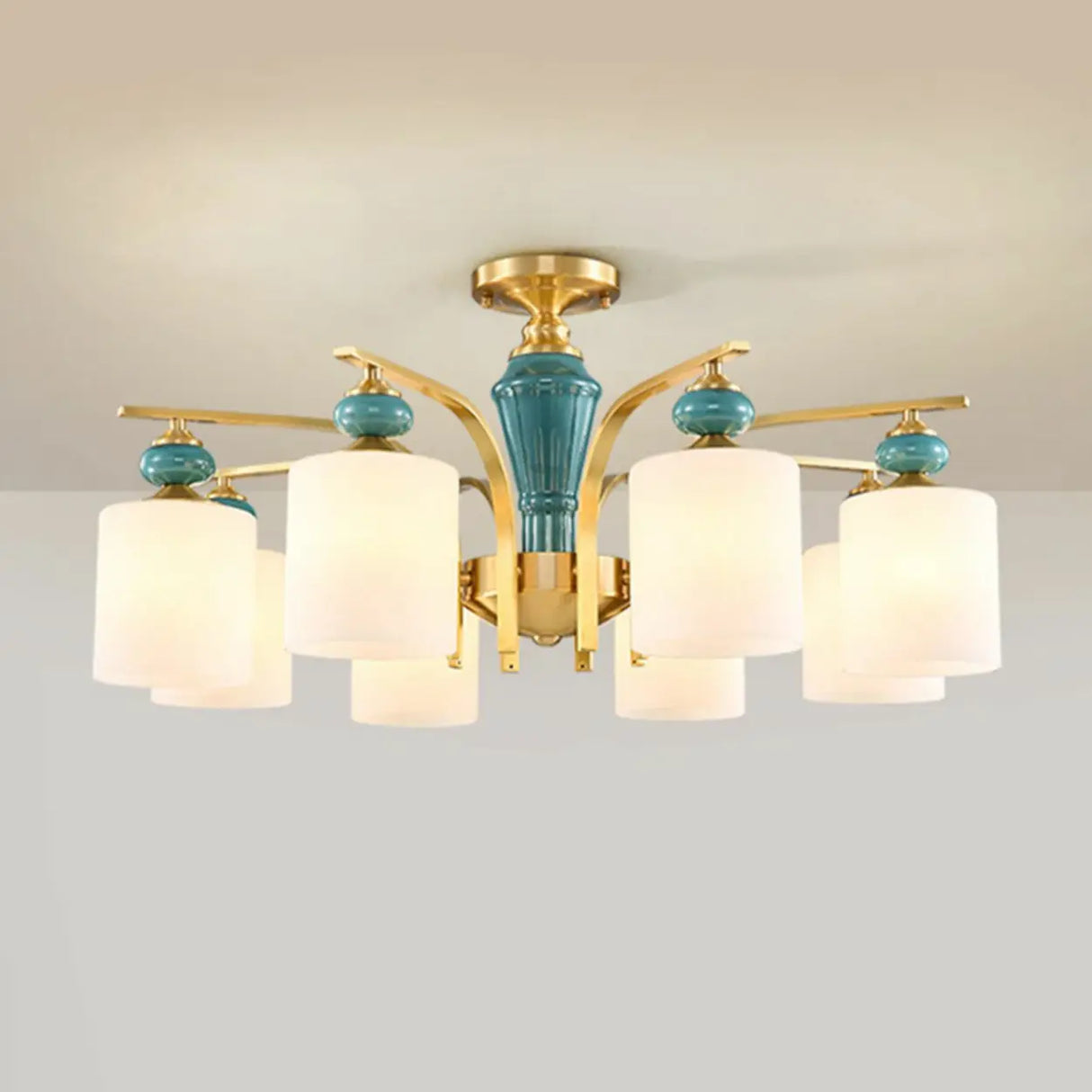 White Glass Cylinder Brass Semi-Flush Mount Lamp 8-Head Image - 9