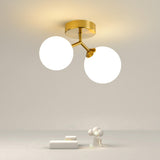 White Glass Globe Gold Semi-Flush Mount Light 2-Light Image - 1