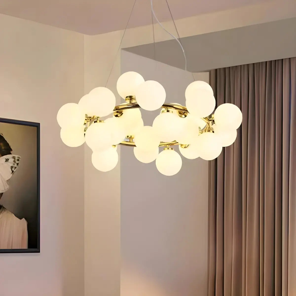 White Glass Gold Circle Living Room Bubble Chandelier Image - 3