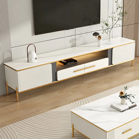 White Glass Open Storage Drawers TV Stand with Legs Image - 1