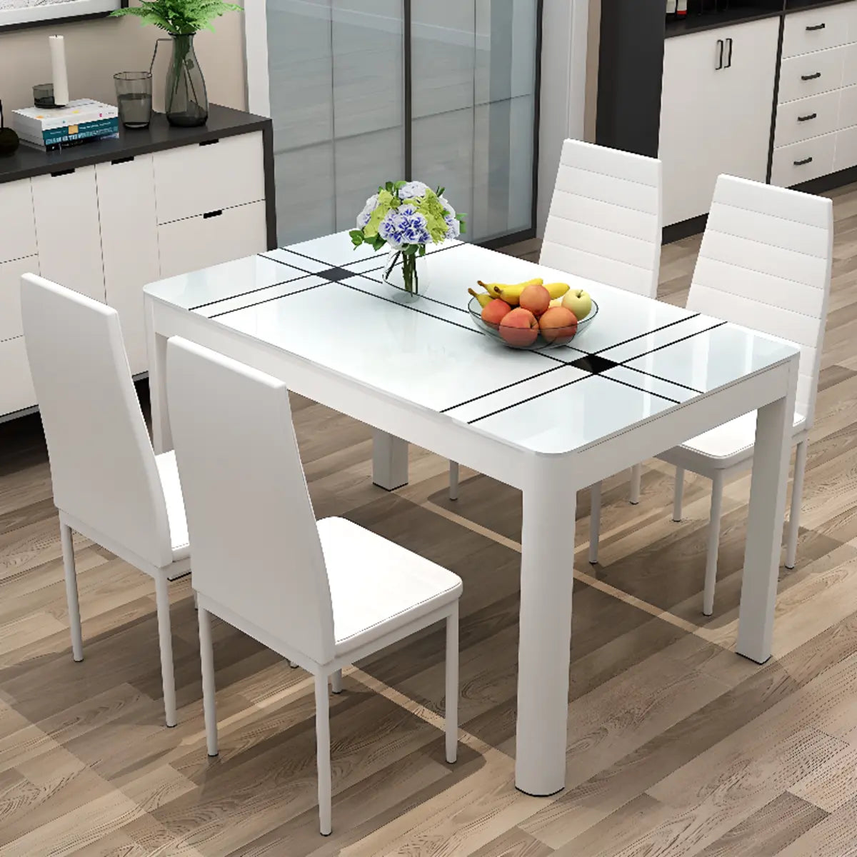 White Glass Rectangular Dining Table Set for Four Image - 1