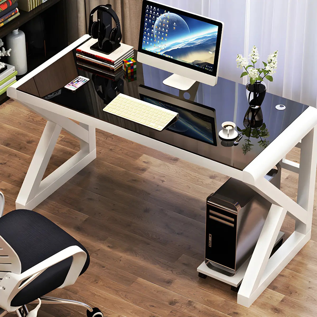 White Glass Rectangular Steel Sledge Gaming Desk Image - 2