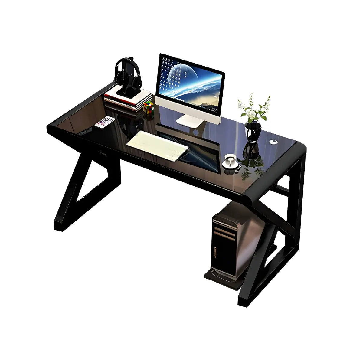 White Glass Rectangular Steel Sledge Gaming Desk Image - 5