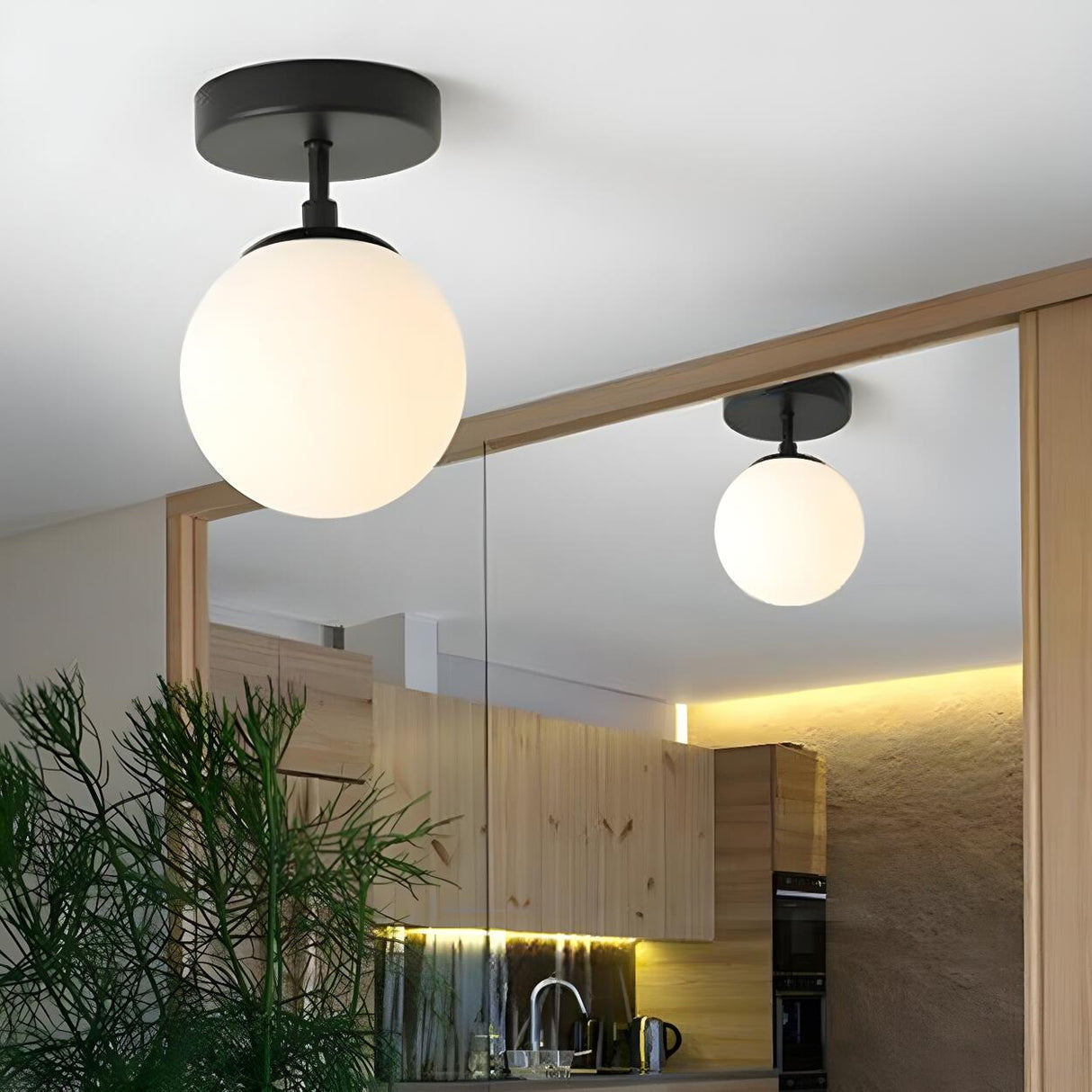 White Glass Spherical Semi-Flush Mount Ceiling Light Image - 4