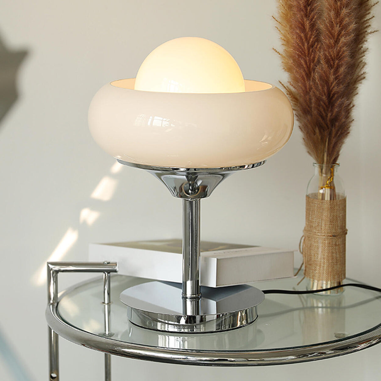 White Globe Glass Shade Silver Base LED Table Lamp Image - 1