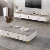 White-Gray Glass Rectangular TV Stand with Drawers Image - 12