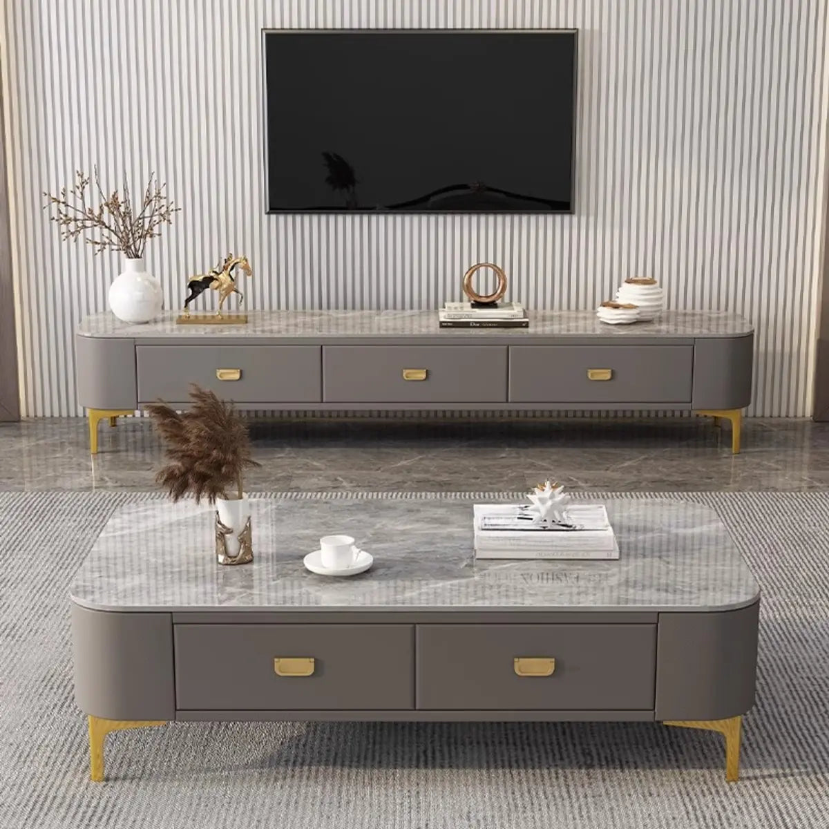 White-Gray Glass Rectangular TV Stand with Drawers Image - 8