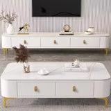 White-Gray Glass Rectangular TV Stand with Drawers Image - 9