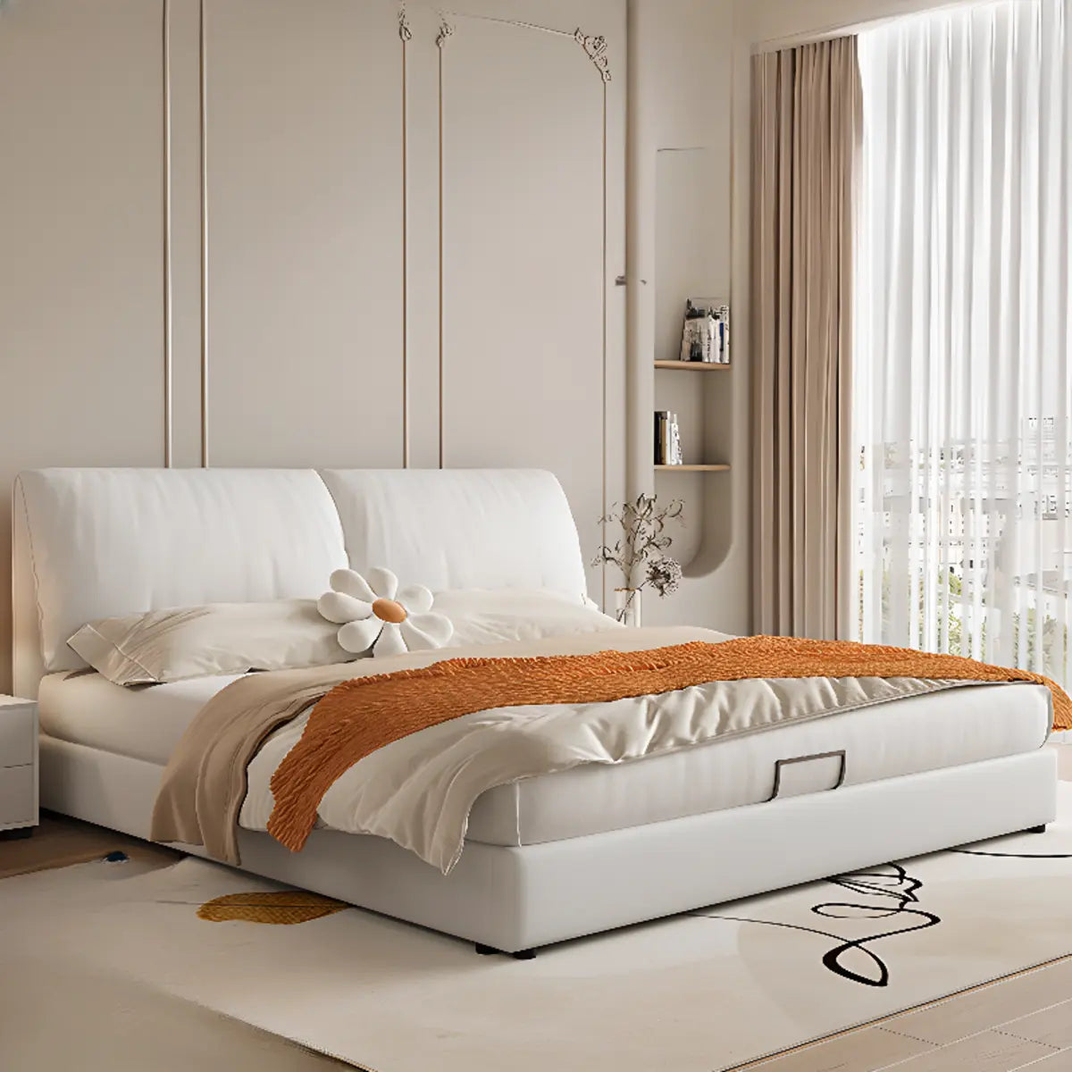 White Leather Queen Wood Storage Bed with Mattress Image - 1